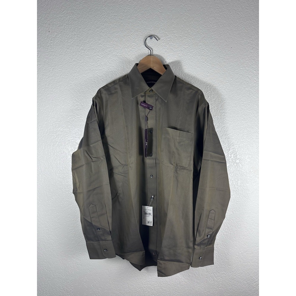 NWT Nordstrom Tailored Fit Olive Herringbone Dress Shirt 15.5 33 Long Sleeve
